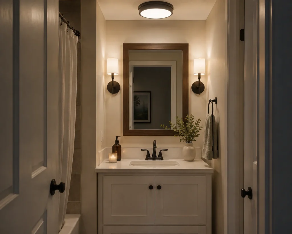 A small bathroom vanity with well-positioned lighting that illuminates the mirror evenly.