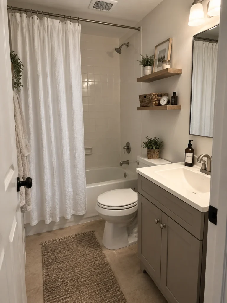 A small tub-shower bathroom with a neatly hung shower curtain mounted higher on the wall.