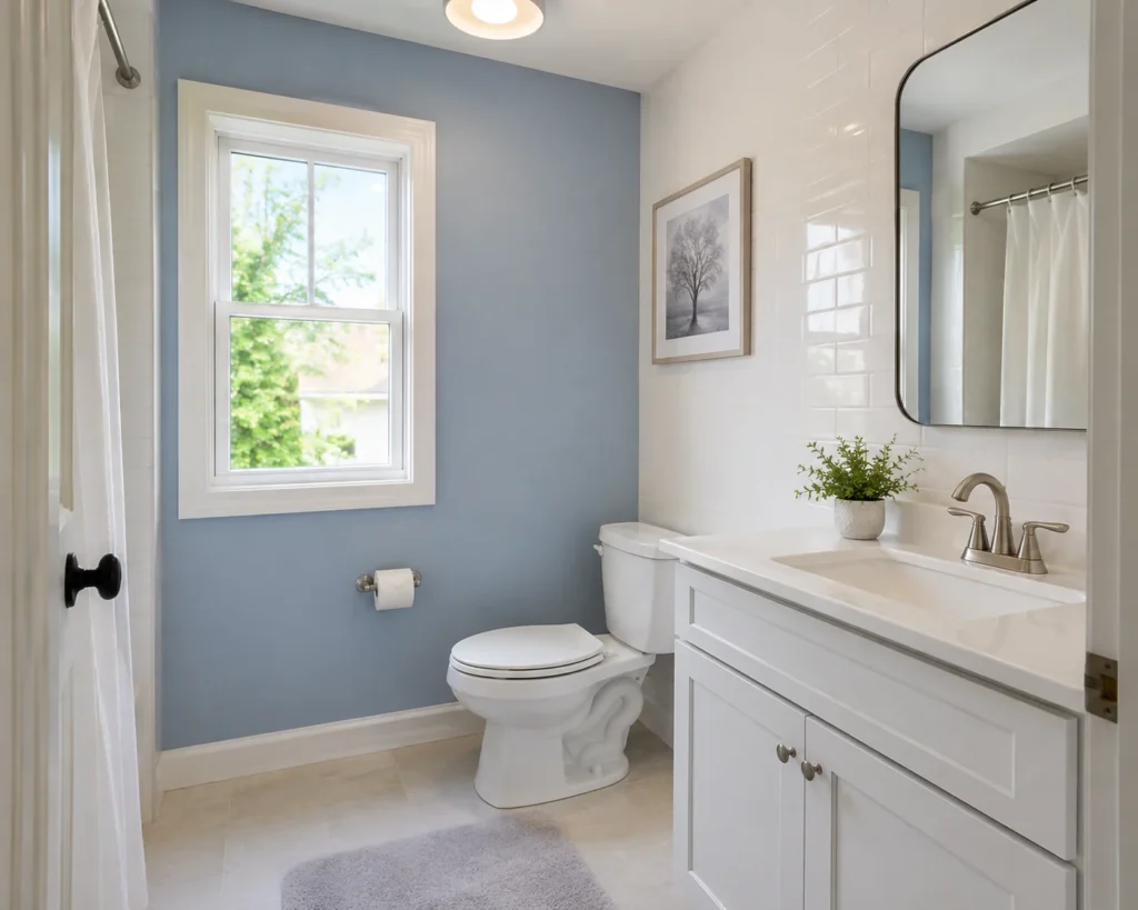 A compact bathroom with a muted accent wall or painted vanity balanced by light tile and fixtures.