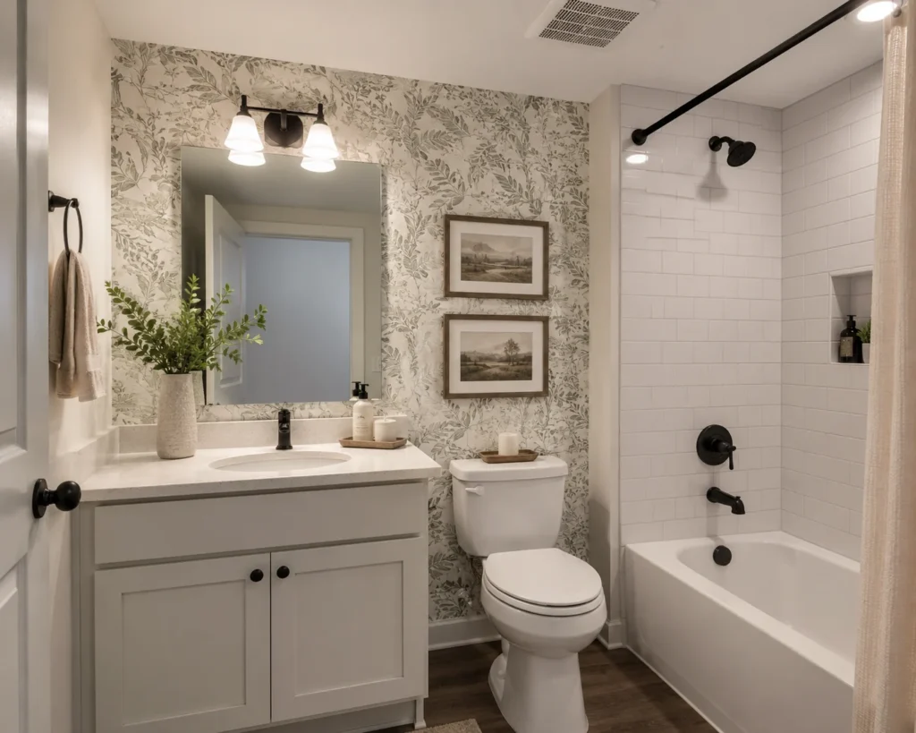 A small bathroom featuring subtle patterned wallpaper on a dry wall away from direct shower spray.