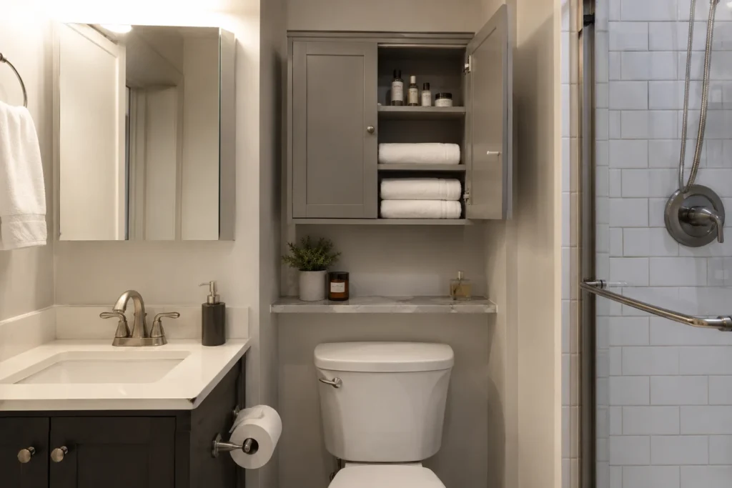 A tiny bathroom with shallow wall storage, a slim cabinet, and clear walking space.