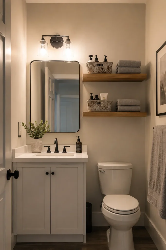 Neatly organized open bathroom shelves with grouped toiletries, folded towels, and uncluttered surfaces.