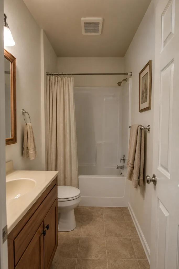 A small bathroom with a freshly painted ceiling that coordinates with the wall color and tile.