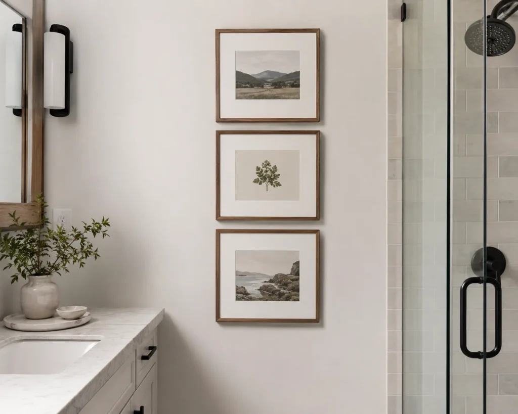 A compact bathroom gallery wall with coordinated moisture-appropriate artwork and securely mounted frames.