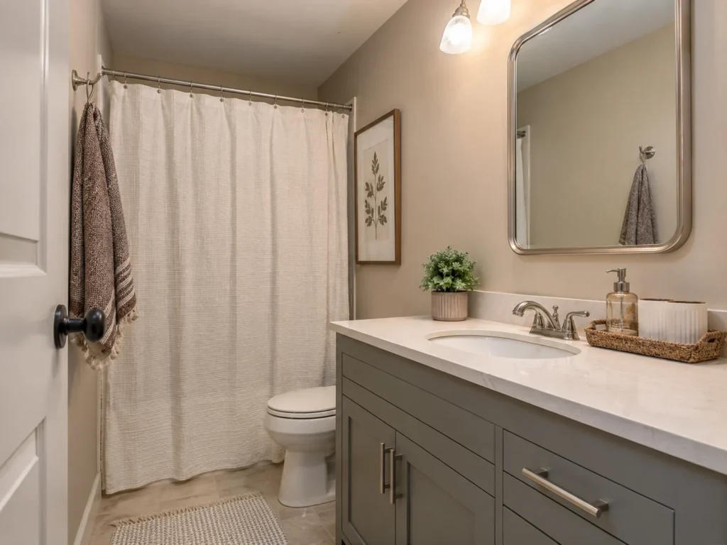 A refreshed bathroom vanity with coordinated cabinet pulls, towel hooks, and complementary metal finishes.