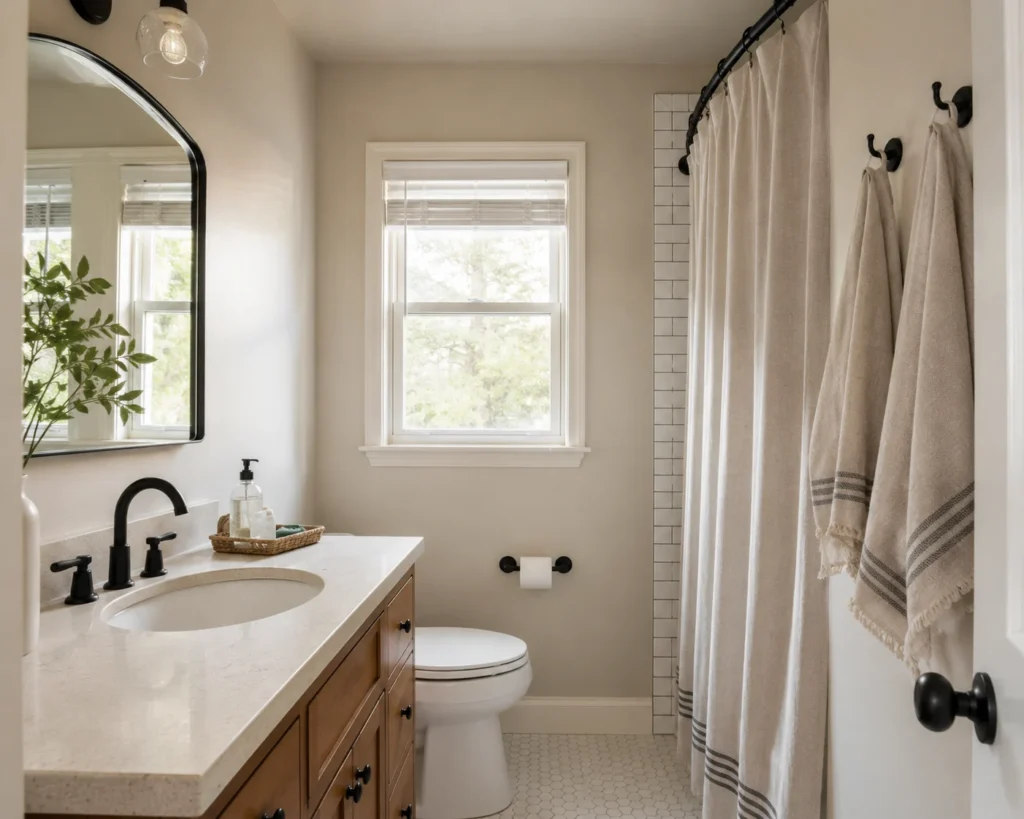 A decluttered bathroom vanity with a small tray, everyday essentials, and conveniently placed towel hooks.