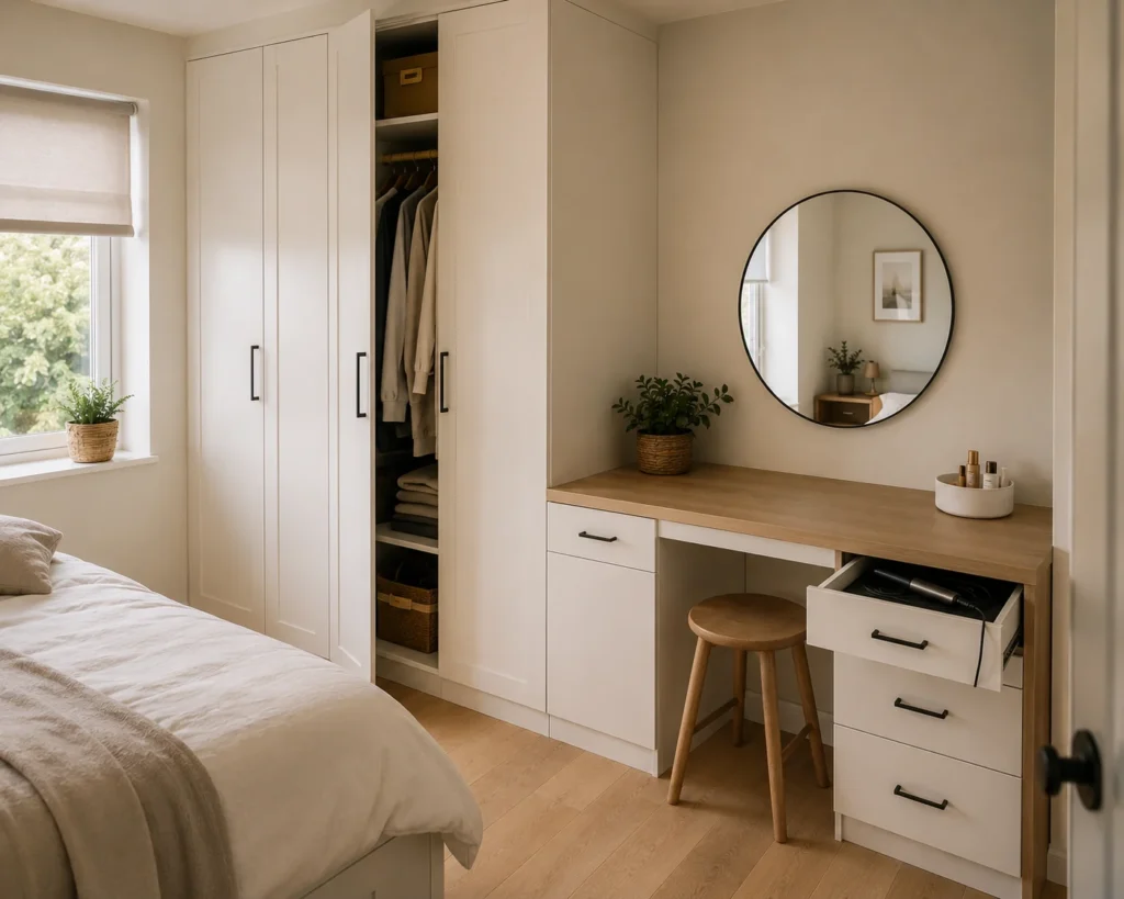 Coordinated wardrobe and dressing-table system with a continuous medium-walnut-look countertop and practical drawers.