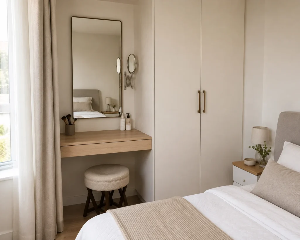 Small dressing-table niche with a securely mounted arched wall mirror, clear countertop, and coordinated wardrobe cabinetry.