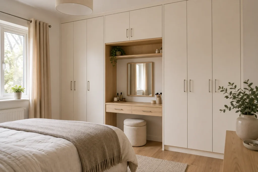 Light warm-white wardrobe cabinetry with a natural wood dressing-table surface and matching drawer fronts in a modest bedroom.