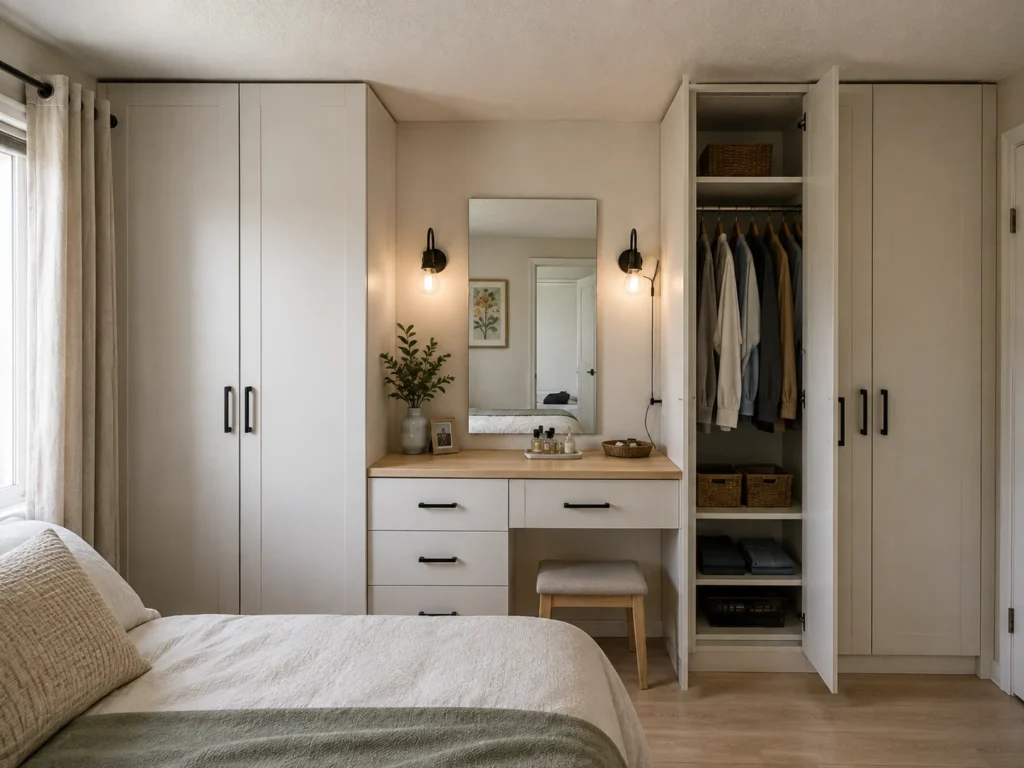 Budget-friendly modular wardrobes arranged around a compact dressing table with coordinated handles, filler panels, and a matching countertop.