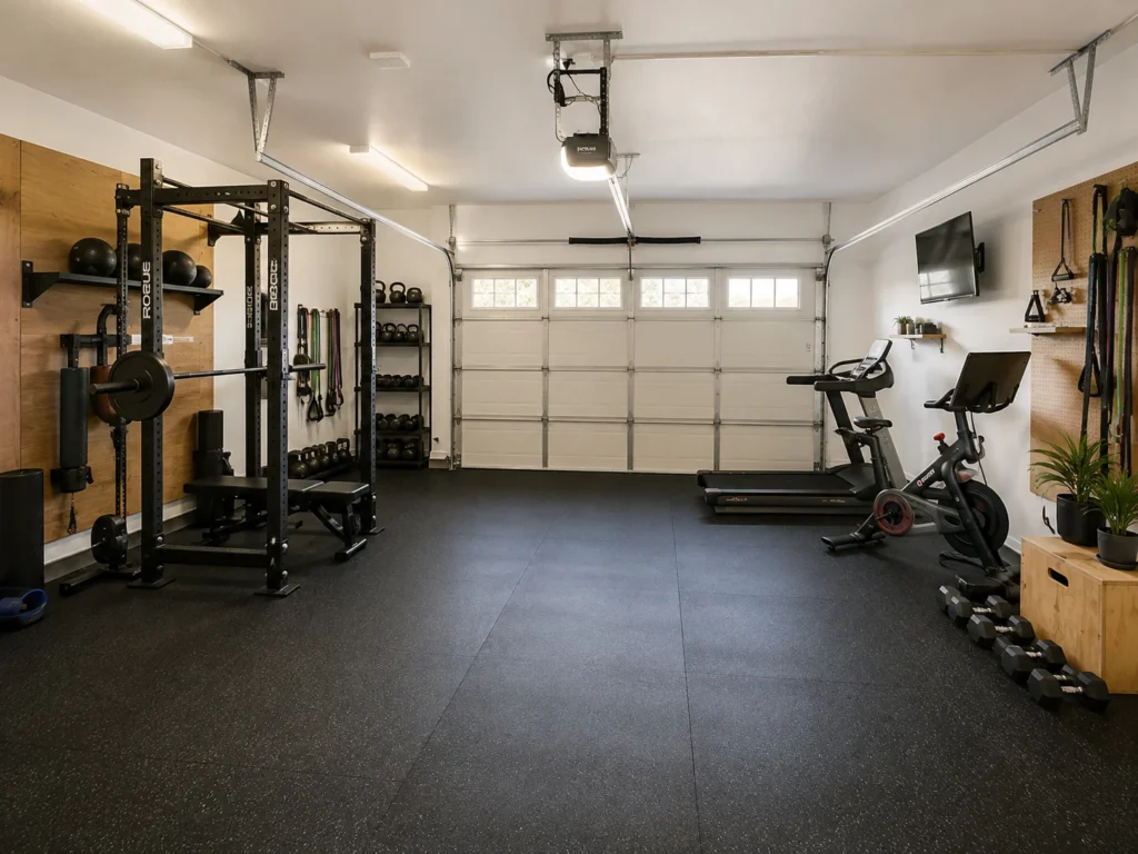Full two-car garage gym with separate strength, cardio, and stretching zones.