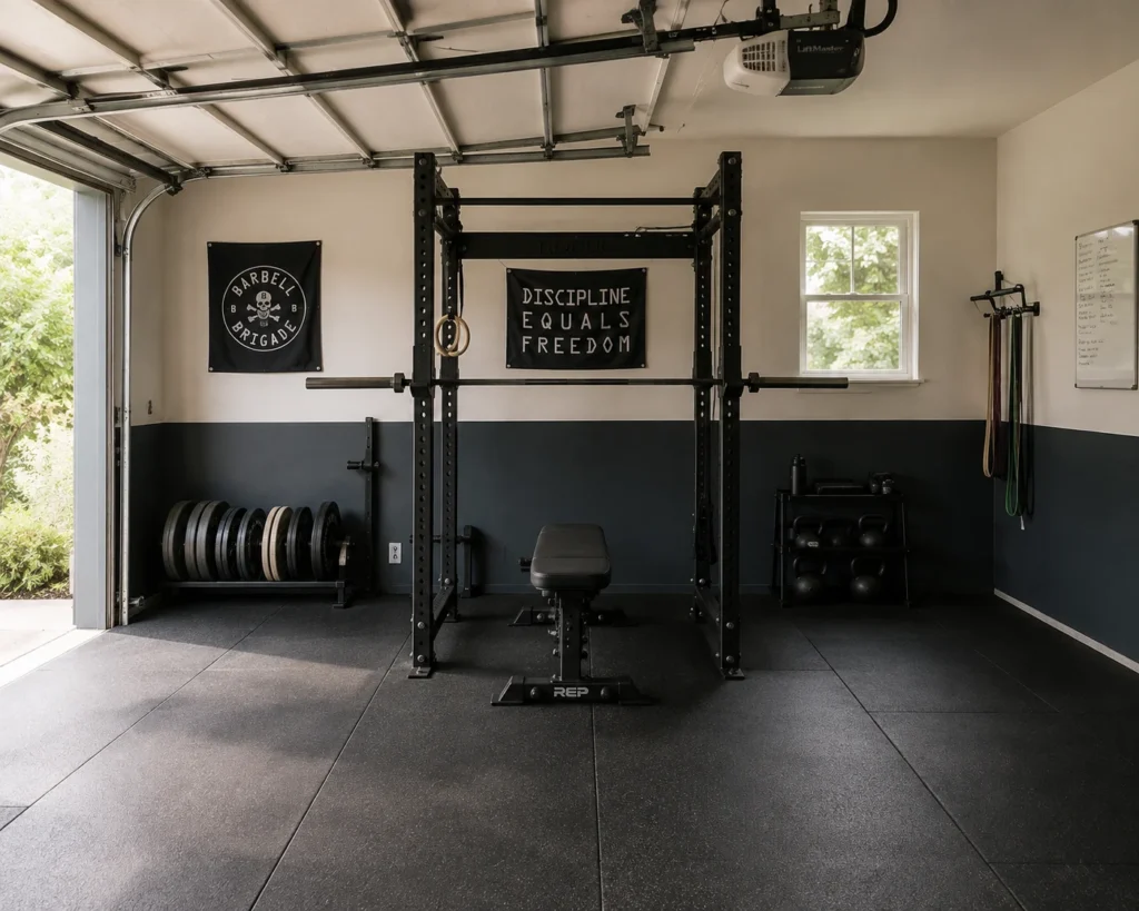 Garage gym organized around a sturdy power rack with safe barbell clearances and secure plate storage.