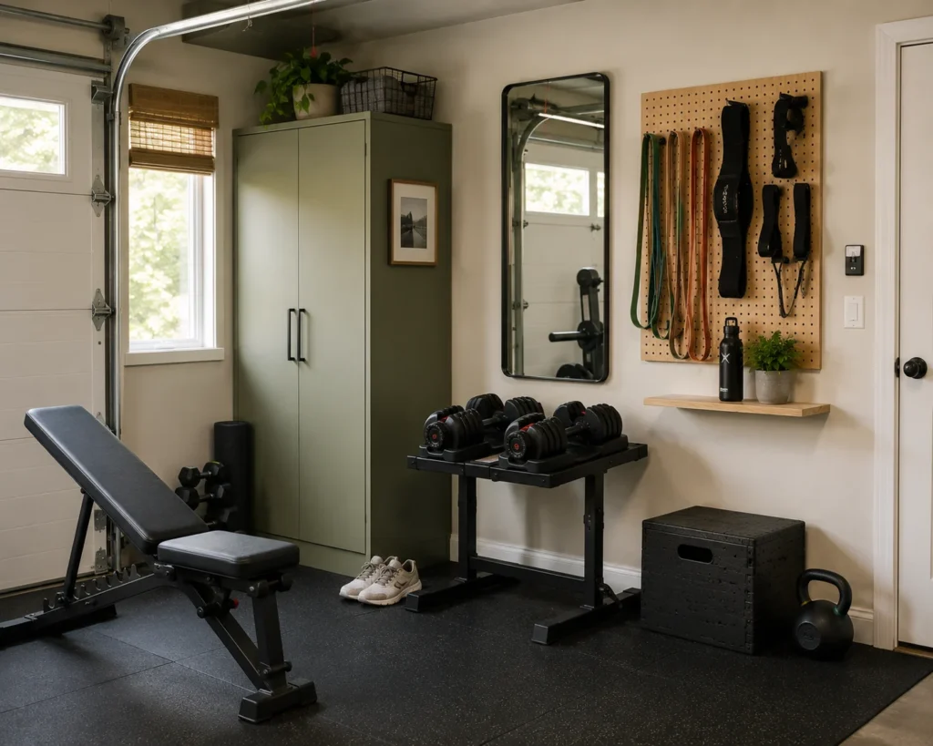 Dumbbell-focused garage gym with low weight rack, adjustable bench, mirror, and accessory pegboard.