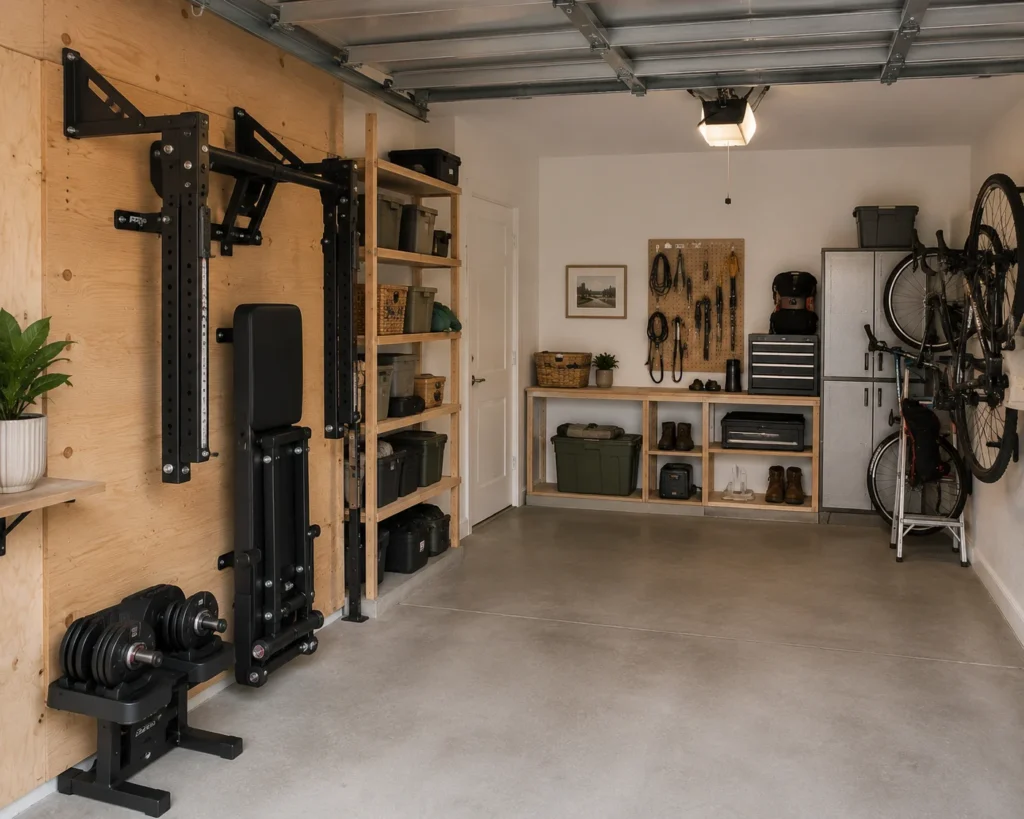 Shared-use garage gym with folding rack, adjustable dumbbells, and stored workout bench.