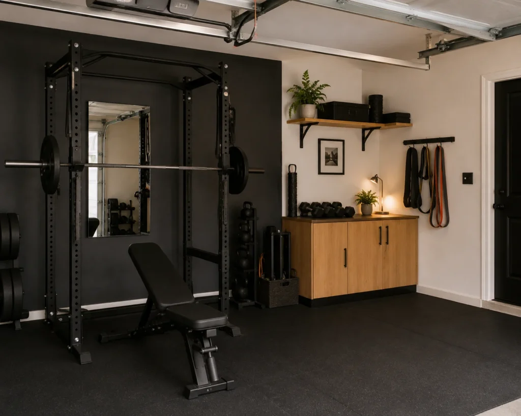 Moody garage gym with charcoal accent wall, black equipment, warm-wood storage, and bright ceiling lighting.