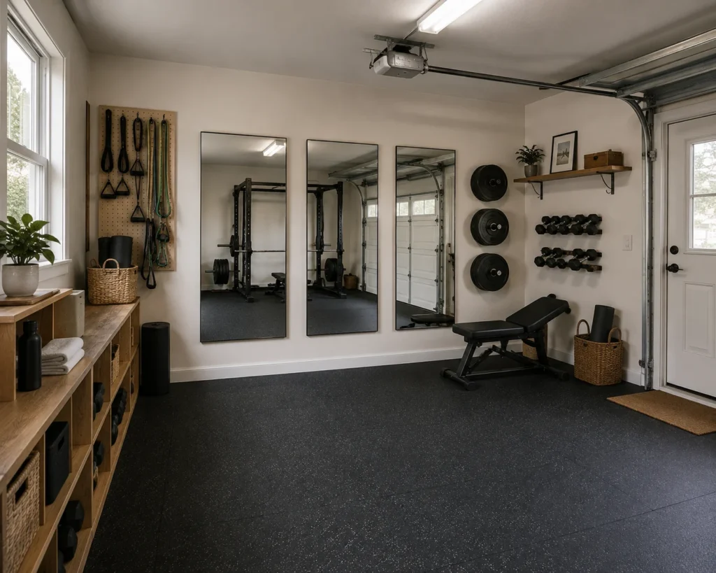 Small garage gym with securely mounted wall mirror beside an open exercise area.
