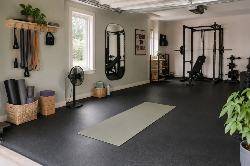 Garage gym mobility zone with exercise mat, foam roller, yoga blocks, and clear floor space.