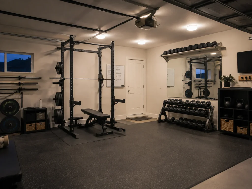 Bright garage gym with evenly distributed ceiling lights illuminating the workout areas.