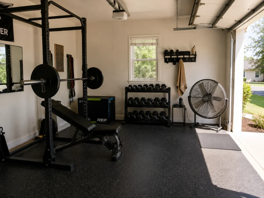 Practical garage gym with ventilation equipment, fan, dry flooring, and organized weights.
