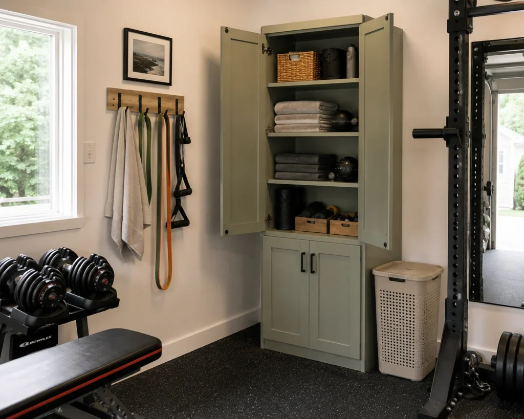 Compact garage gym wellness cabinet storing towels, resistance bands, and recovery accessories.
