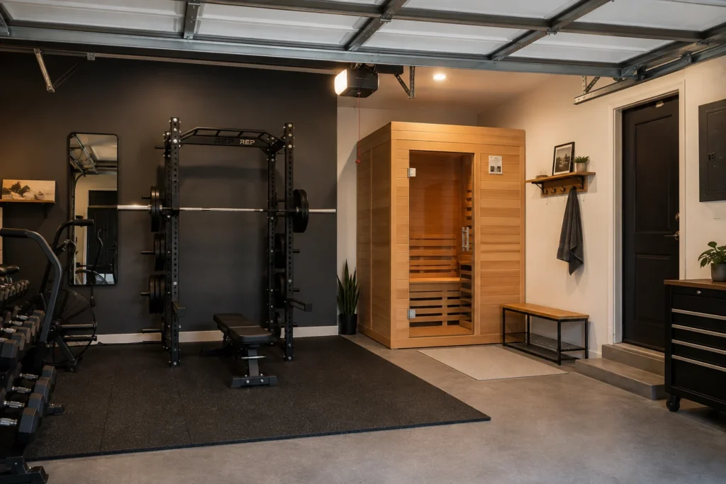 Modest garage gym recovery corner with wooden bench, stretching mat, foam roller, and towel storage.