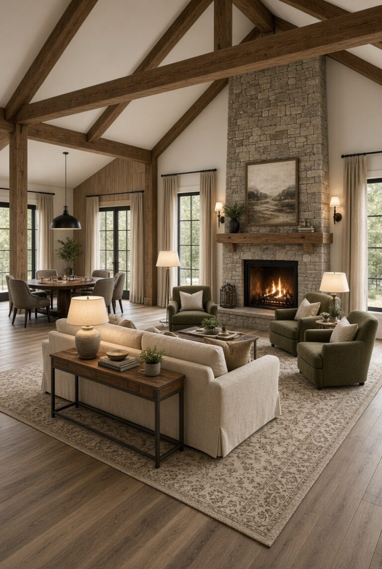 17 Rustic Farmhouse Living Room Ideas With Fireplaces and High Ceilings