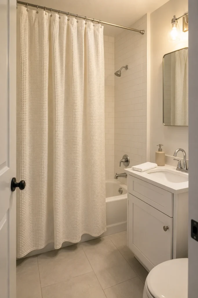 Long white shower curtain hanging in folds above a compact bathtub