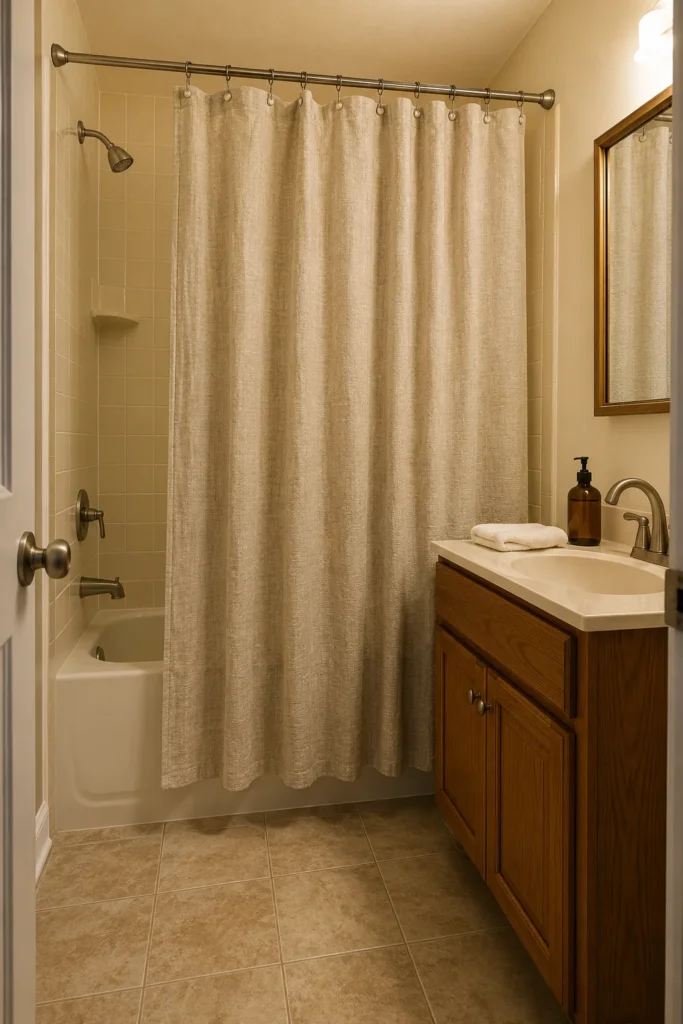 Oatmeal linen look shower curtain complementing beige tile and wood vanity