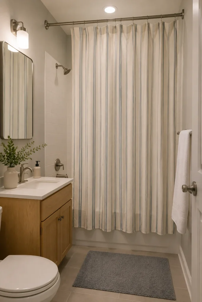 White shower curtain with narrow blue gray stripes in compact bathroom