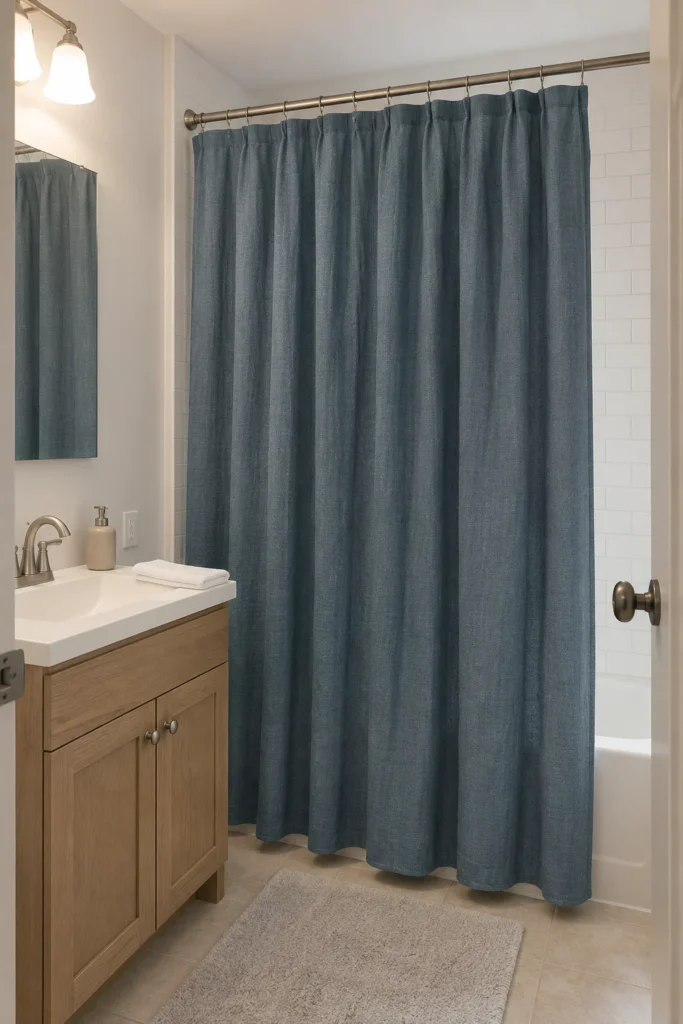 Dusty blue shower curtain beside white subway tile and oak vanity