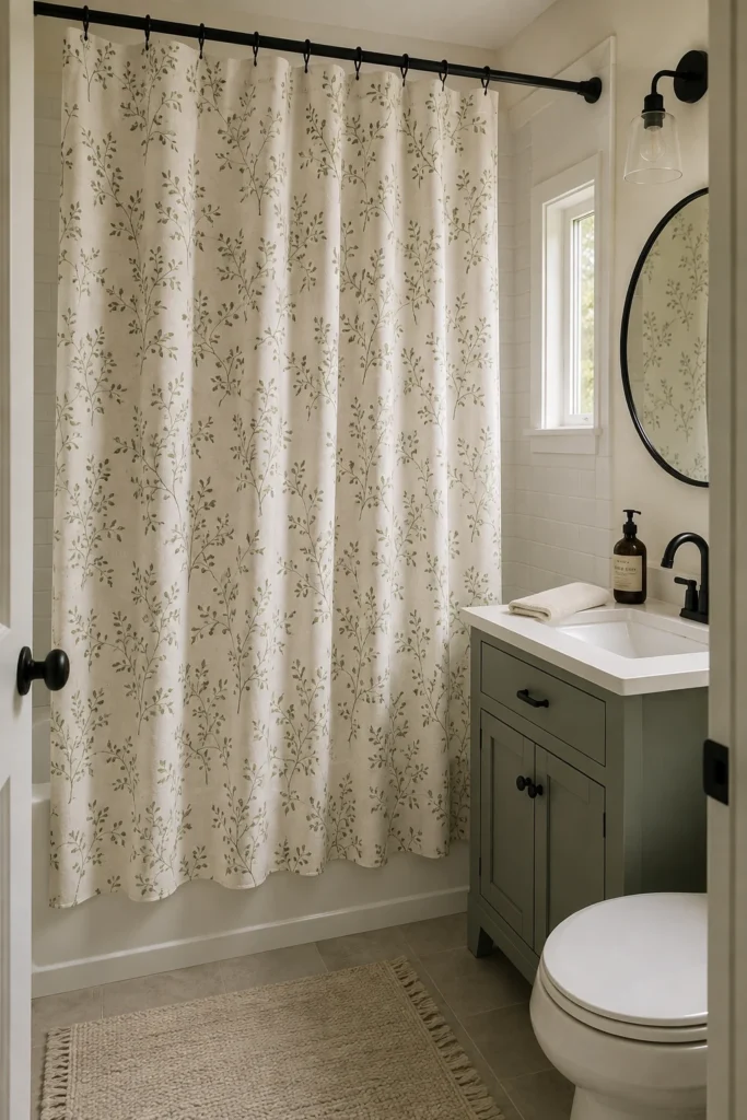 Ivory shower curtain with delicate green botanical pattern in small bathroom