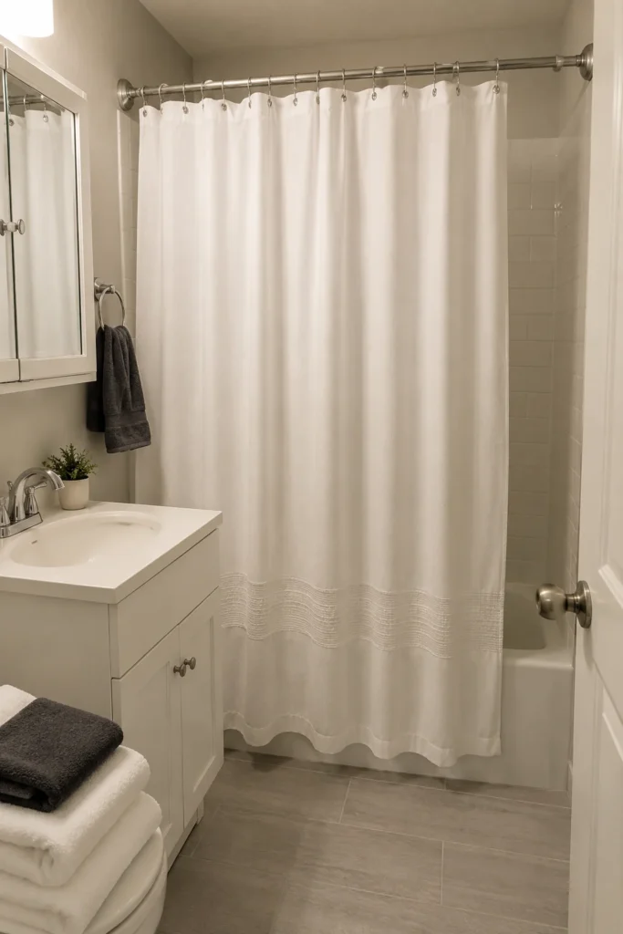 Hotel style white shower curtain with subtle border in compact bathroom