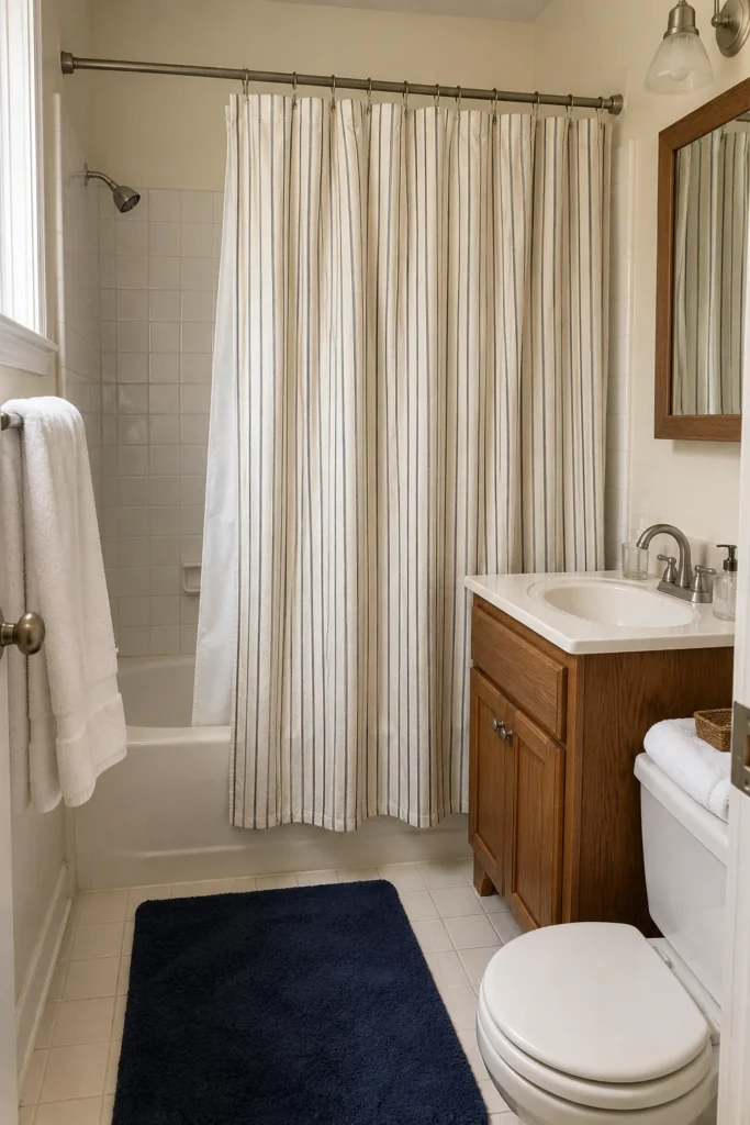 Navy and ivory ticking stripe shower curtain in traditional bathroom