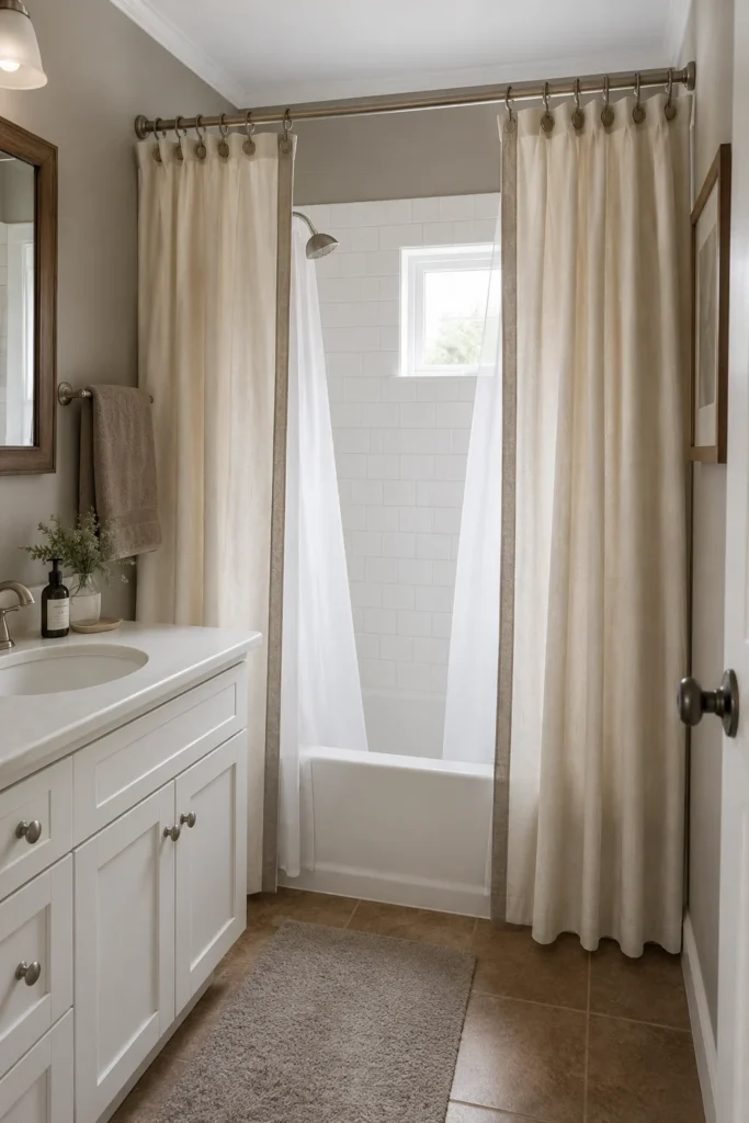 Two tailored ivory shower curtain panels framing a small bathtub