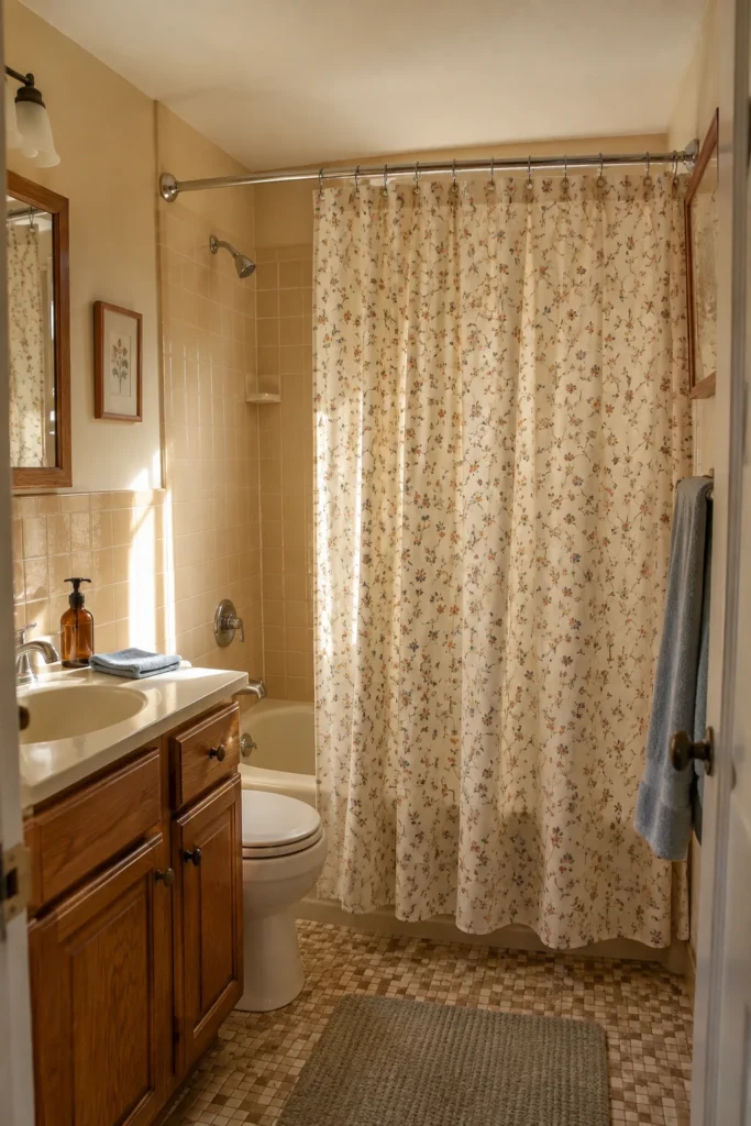 Vintage floral shower curtain with muted colors and cream bathroom tile