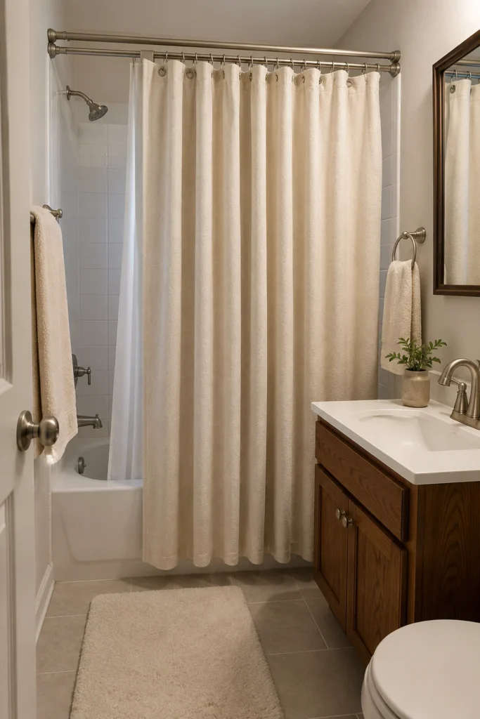 Cream fabric shower curtain with soft folds and concealed waterproof liner