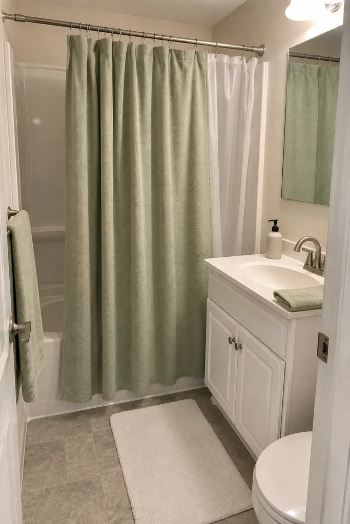 Textured sage green shower curtain with neutral accessories in small bathroom