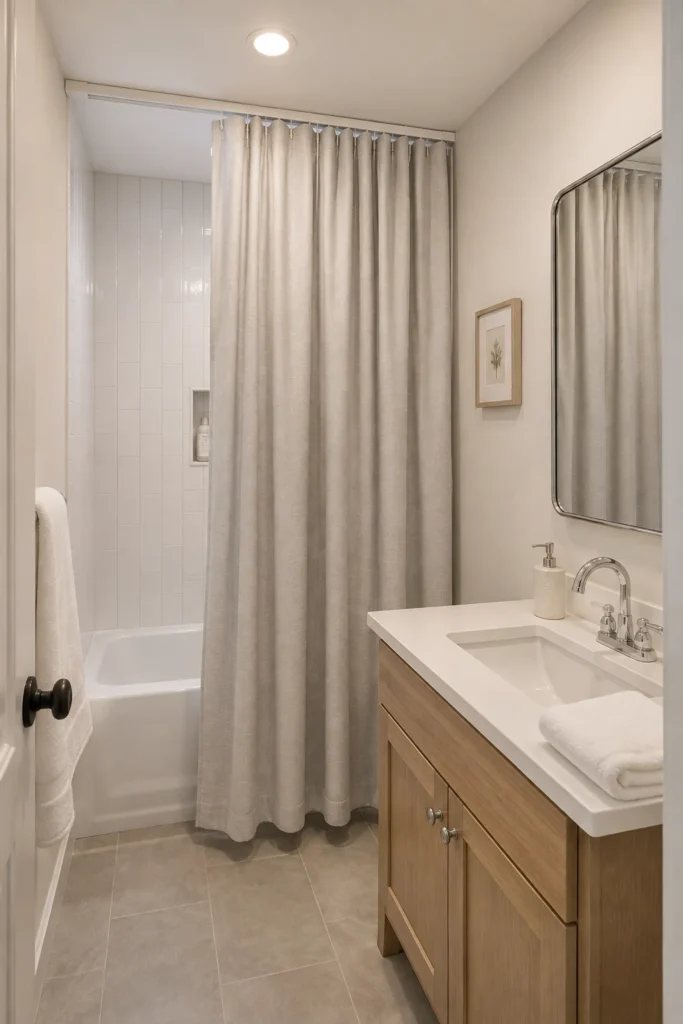 Ceiling mounted shower curtain track with long white fabric curtain