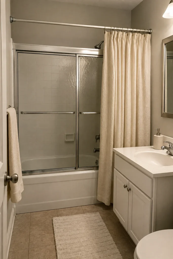 Ivory decorative curtain hanging outside sliding glass shower doors