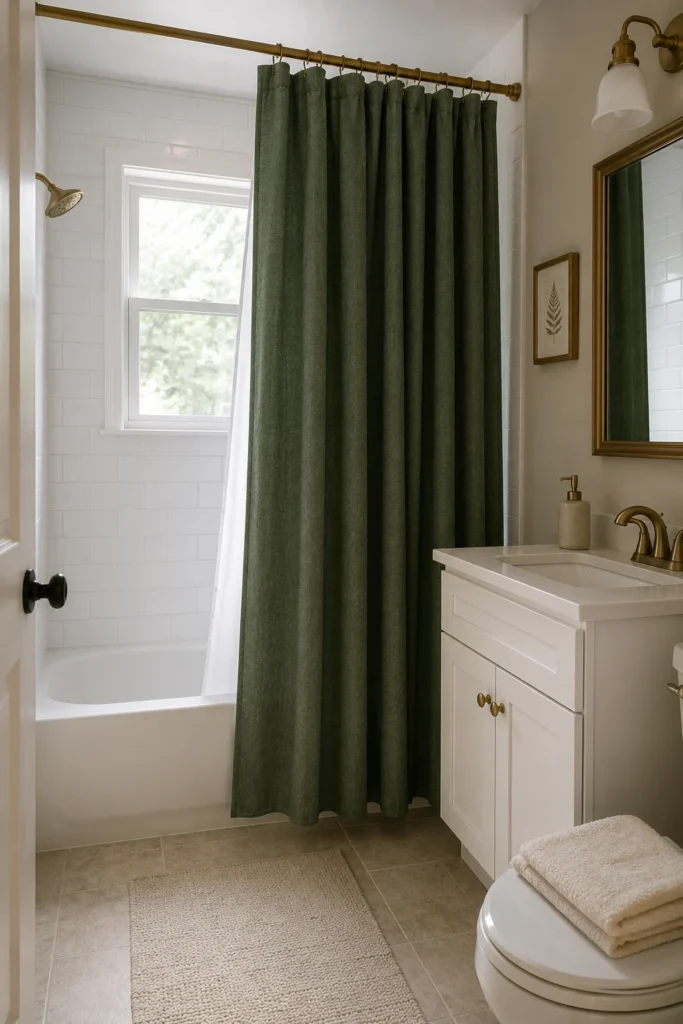 Deep forest green shower curtain contrasting with bright white bathroom tile