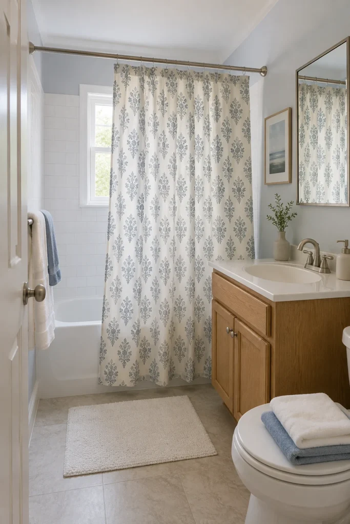 White shower curtain with soft blue pattern in coastal bathroom