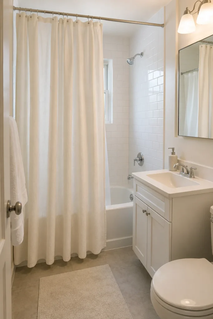 Long warm white cotton shower curtain with soft folds above bathroom floor