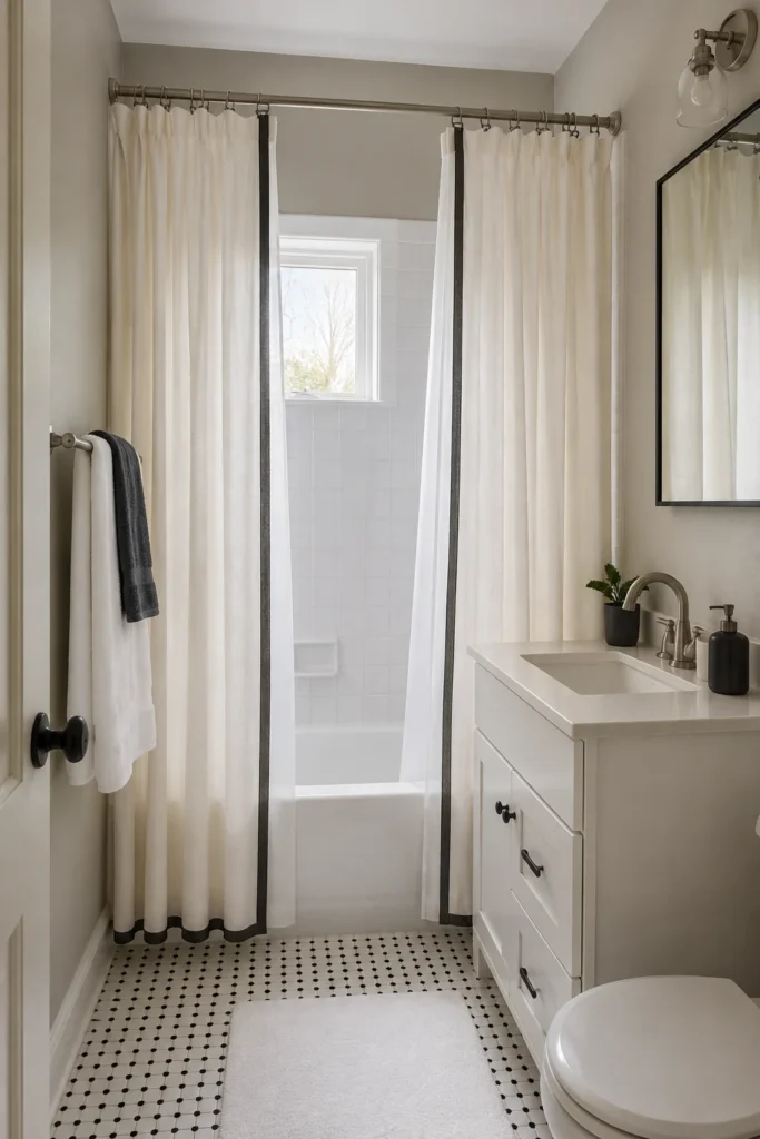 Tailored ivory shower curtain panels finished with narrow contrasting borders
