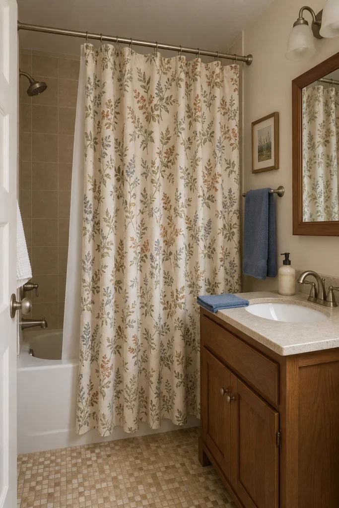 Traditional botanical shower curtain with muted foliage on cream background