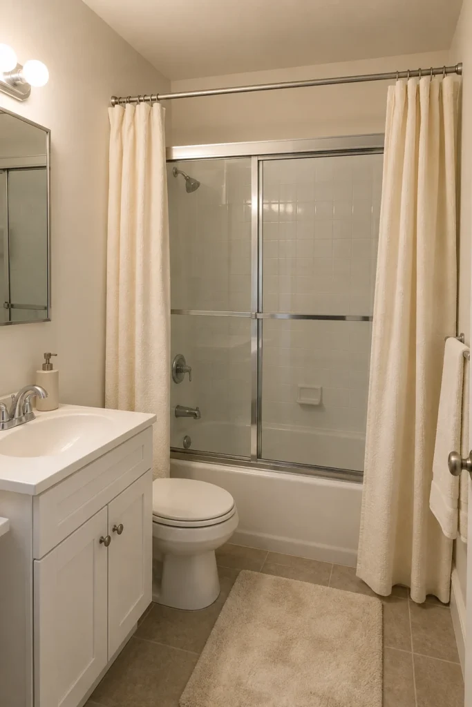 Ivory decorative curtain panels installed outside sliding glass shower doors