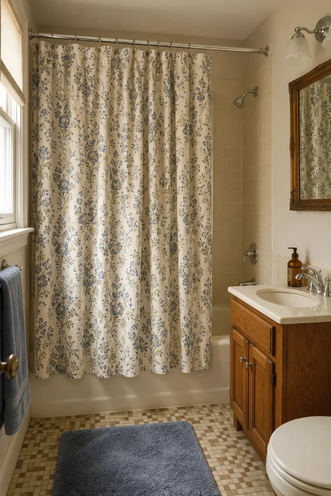 Vintage inspired floral shower curtain with concealed waterproof liner