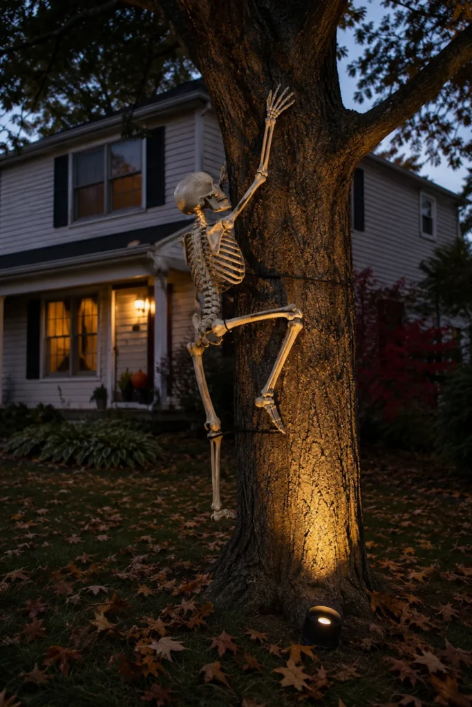 Plastic Halloween skeleton posed climbing the trunk of a front yard tree