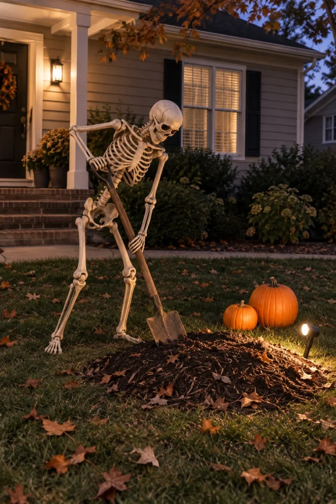 Grave digger skeleton holding a shovel beside a Halloween grave mound