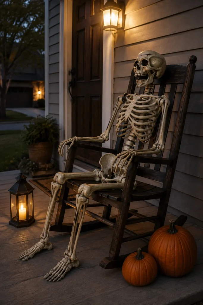 Halloween skeleton sitting in wooden porch rocking chair beside lantern