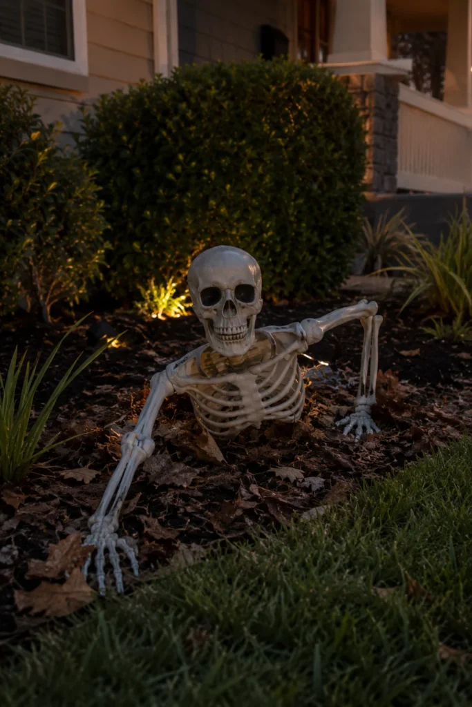 Halloween skeleton crawling out of a mulched front garden bed